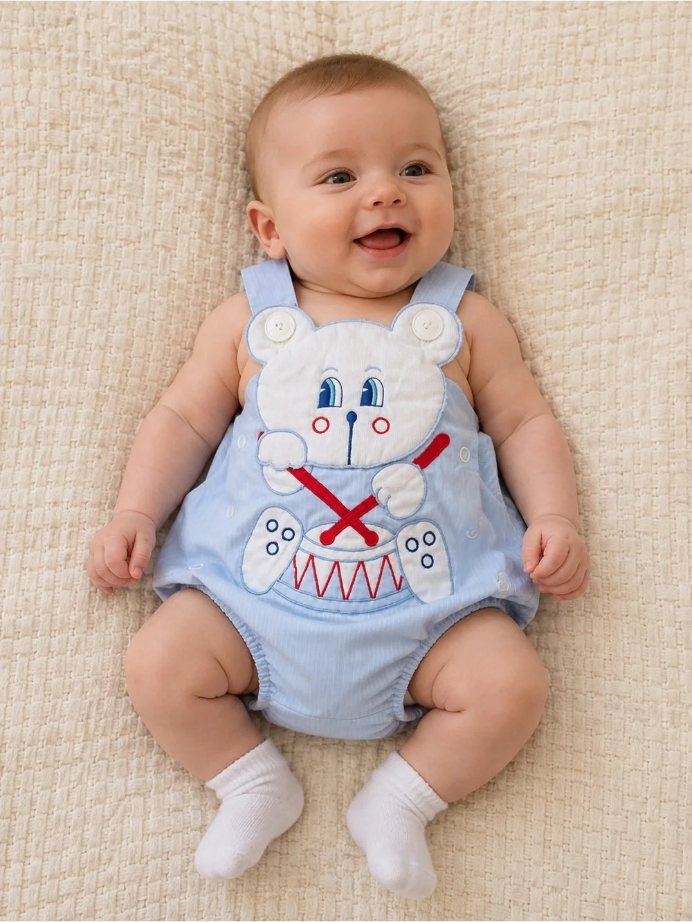 Vintage Baby Romper Sz 3-6 Months Blue Embroidered Teddy Bear Plastic Lined Drum